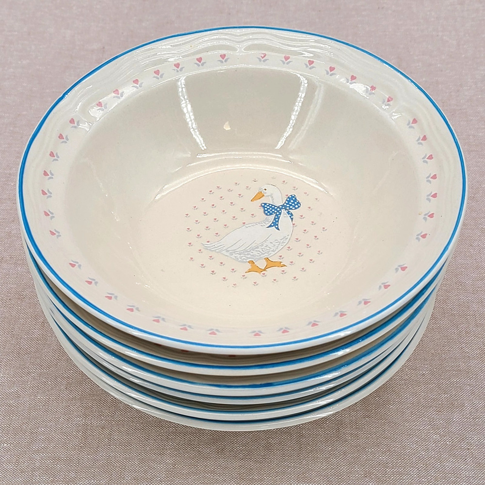 6 VTG BrickOven Stoneware Aunt Rhody Country Goose Blue Bow Ribbon Cereal Bowls